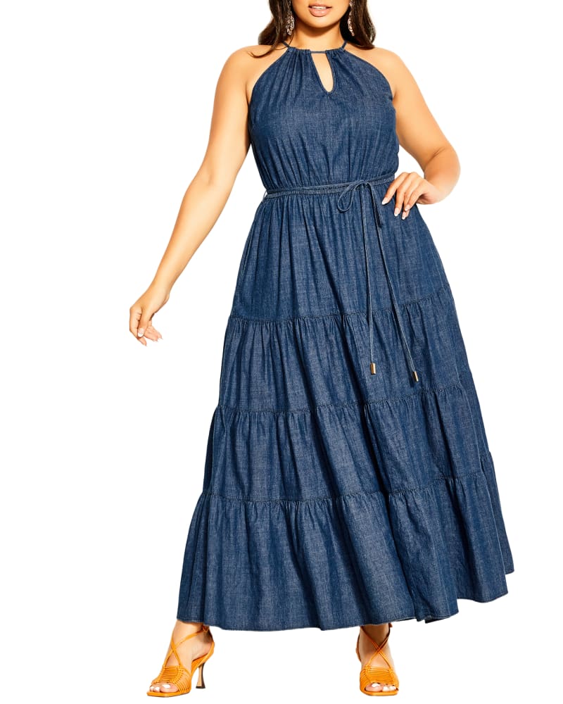 Front of a model wearing a size XS Ashlyn Tiered Maxi Dress in Dark Denim by City Chic. | dia_product_style_image_id:293489